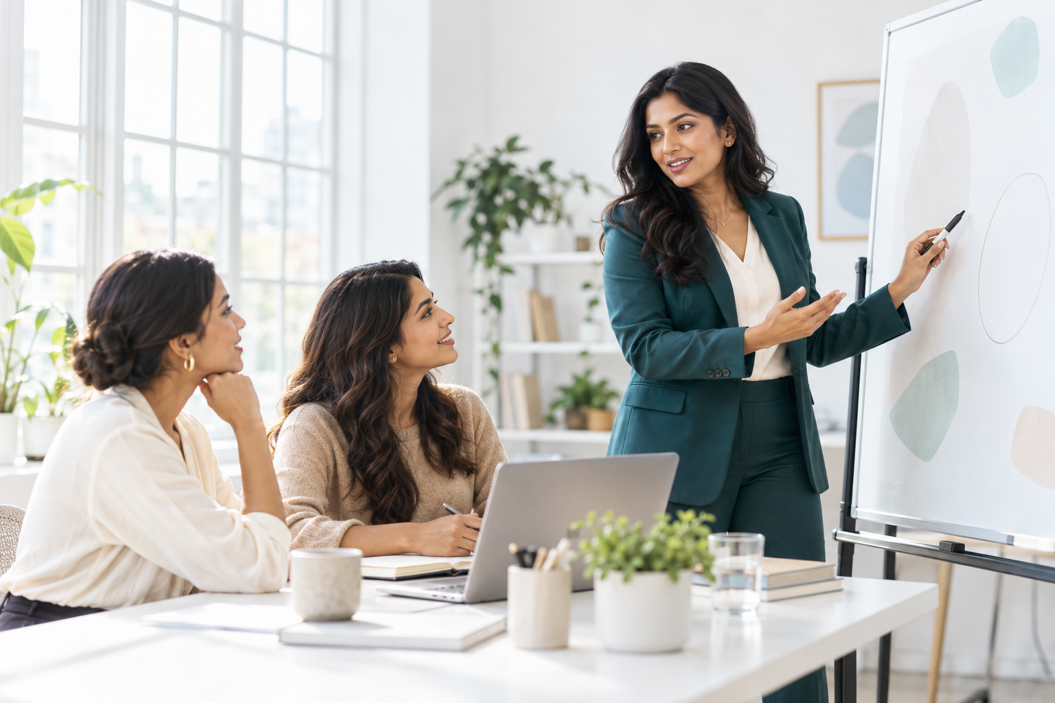 A founder presenting ideas to two professional women in a bright studio office